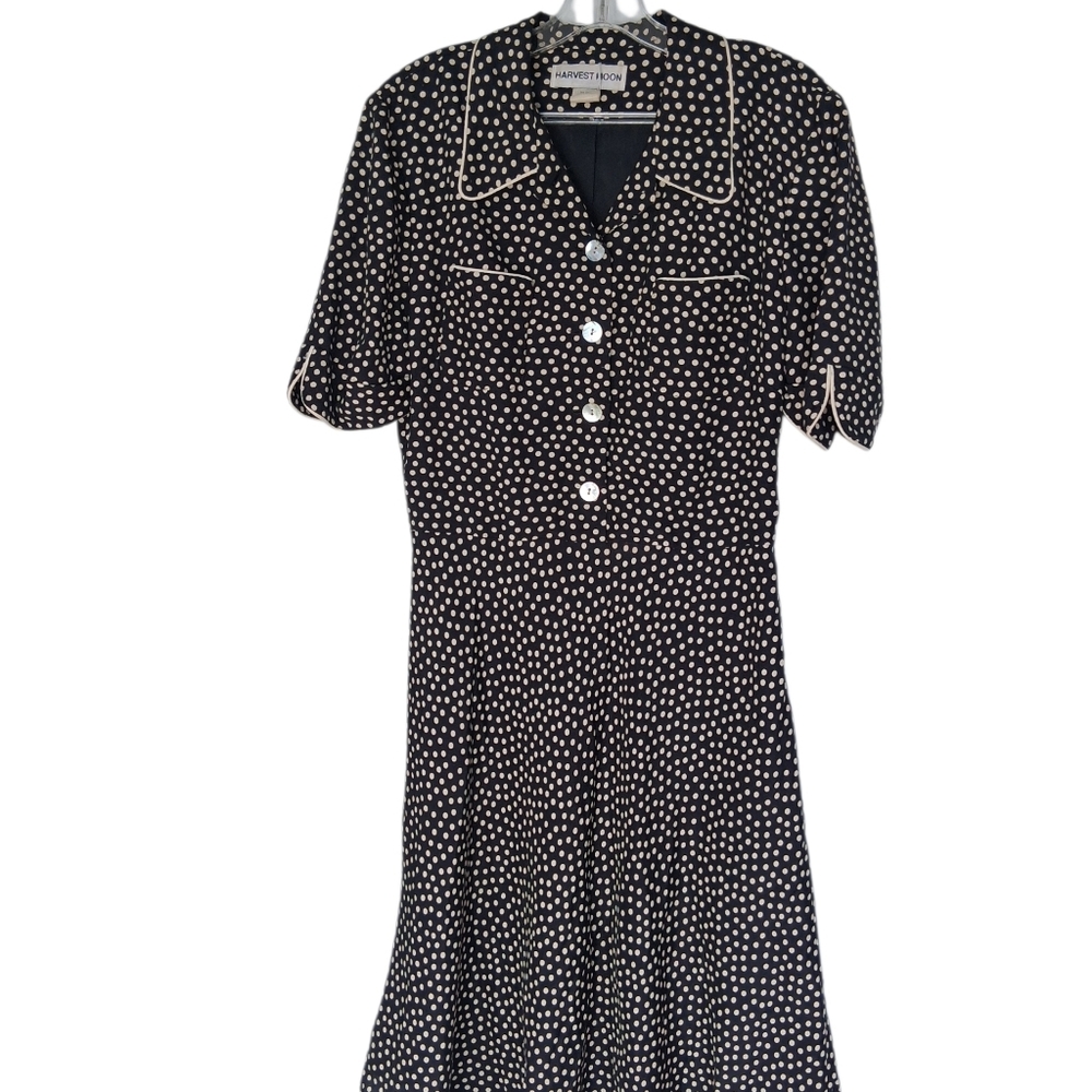 vintage Harvest Moon Black Polka Dot Button-Up Fit and Flare Dress Women Size 10
